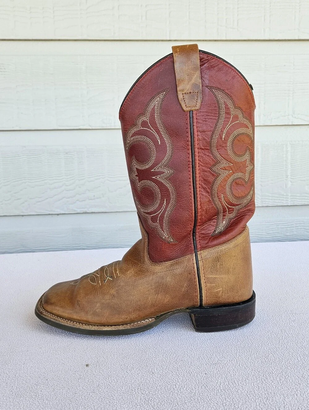 Old West Broad Square Toe Leather Western Cowboy Boots Youth SZ 5.5 Brown Red